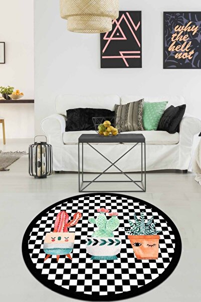 Chilai Home Black Happy Cactus Siyah Çap Kaymaz Taban , Yıkanabilir Halı Djth