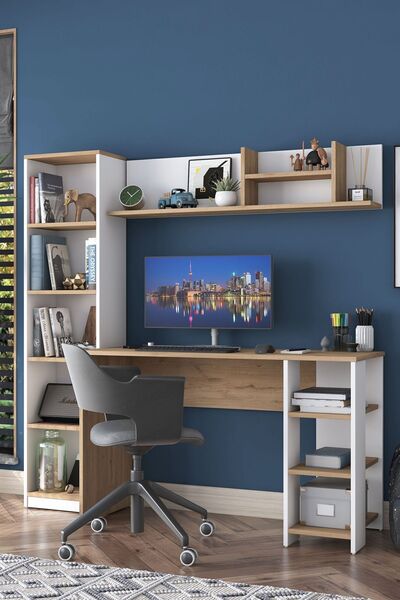 Rani Mobilya Rani HA125 Kitaplıklı Raflı Çalışma Ofis Bilgisayar Masası Sepet Ceviz - Beyaz