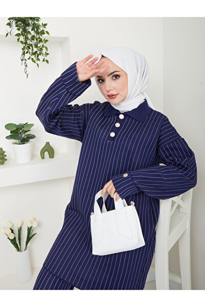 VOLT CLOTHİNG Csíkos kötöttáru női inggalléros nadrág szett