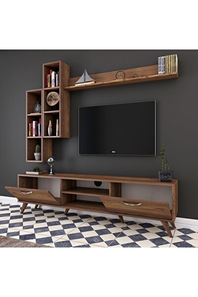 Rani Mobilya Rani A9 Raflı Tv Ünitesi Tv Sehpası Duvara Monte Raflı Modern Ayaklı 180 Cm Minyatür Ceviz M16
