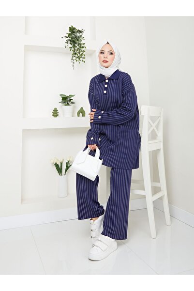 VOLT CLOTHİNG Csíkos kötöttáru női inggalléros nadrág szett