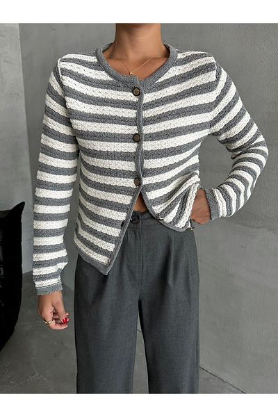 Laluvia Gray-Cream Mia Knitted Side Striped Cardigan-4390