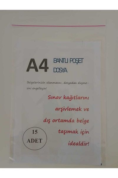 Belirteç Transparent Bag File with A4 Tape 15 Pieces Ideal for Sheathing and Archiving Examination Papers