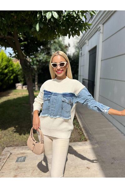 For Angels Pulover din tricot de buzunar din denim