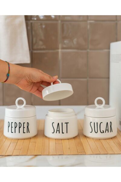 KaiHome 3Lü Porselen Kulplu Kapak 350ML Salt/Pepper/Sugar Kavanoz Seti