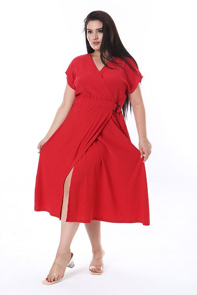 Şans Red Wrap Plus Size Buckle Wrap Dress - 65N38314