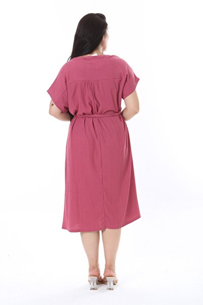 Şans Dried Rose V-Neck Large Size Dress - Buttoned, Wrapped Fabric 65N38316