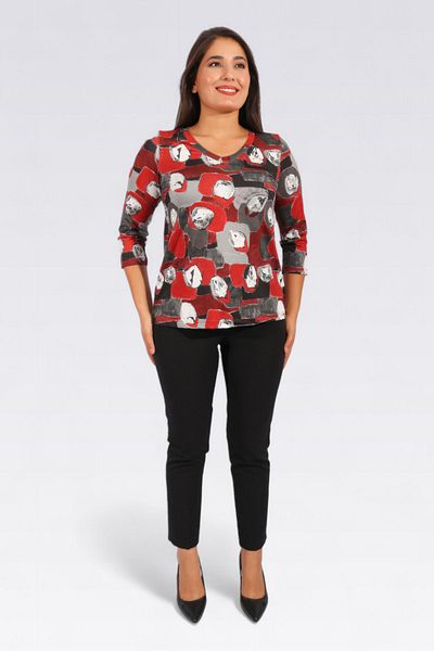TOLGA SARAÇOĞLU 10387 Red V-Neck Truvacar Sleeve Patterned Knitted Bluz