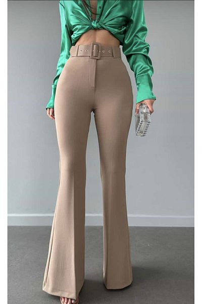 ŞULE BUTİK MINK HIGH WAIST BELTED CREPE FABRIC SPANISH TROUSERS