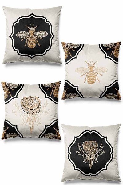Pilloveland Set de 4 perne din piele intoarsa - husa cu imprimeu pe doua fete si model albine