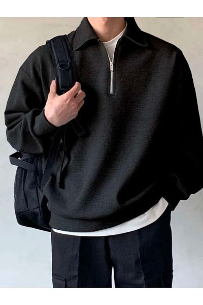 GENIUS STORE Übergroßes Herren-Sweatshirt mit Polokragen – halber Reißverschluss
