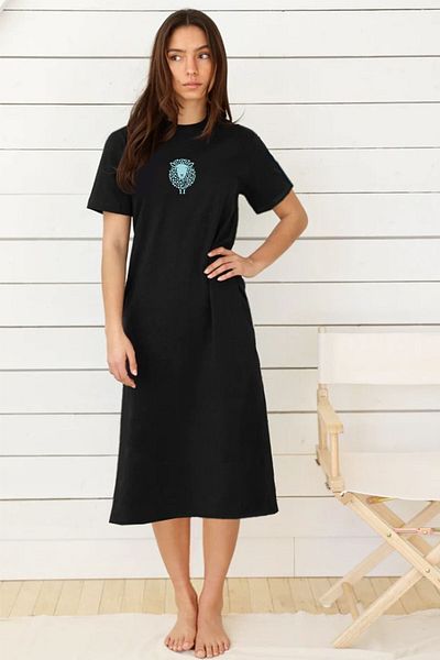 ROCKANDROLL Spotted Lamb Black Crew Neck Short Sleeve Combed Cotton Long Dress