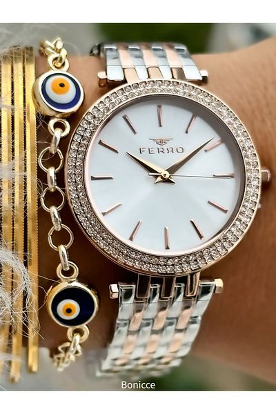 FERRO Rose/silver Color, Steel Strap, Water Resistant, Guaranteed, Women's Wristwatch+bracelet