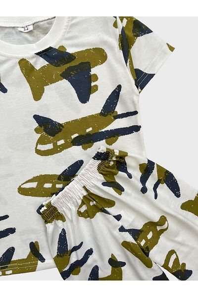 Fil Kids Boy's Ecru Green Airplane Patterned Short Sleeve Shorts Pajama Set