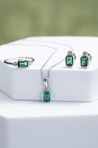 Gümüş Çadırım Kadın Baget Yeşil Taşlı Gümüş Renk Kolye Küpe Yüzük Seti – Zari...