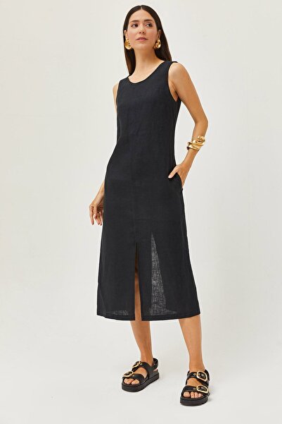 Butik Arzu Özel Moda Atölyesi Siyah Keten Elbise
