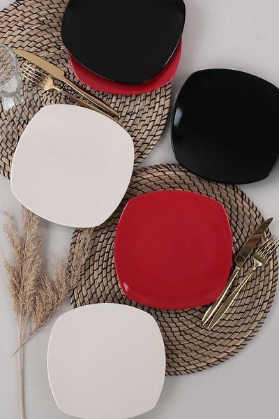 Keramika Mix Cream-Red-Black Corner Cake Plate 22 Cm 6 Pieces