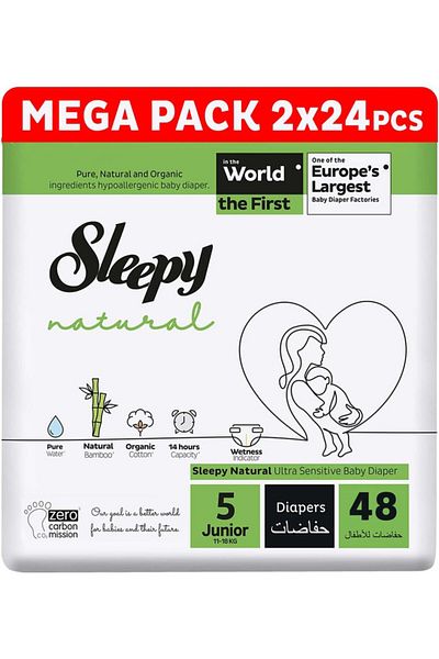 Sleepy Natural Size 5 | 48 Count | 11-18Kg Diapers | 2X24 Bamboo | 100% Dry