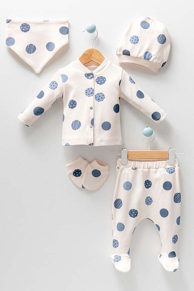 miniyou Unisex Men's Planet Patterned Cream 5-Piece Natural Hospital Release Bodysuit Set