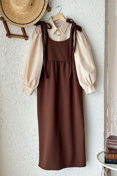 Ceylan Otantik Bitter Brown Tied Sleeve - Gilet and Cream Color Crop Shirt Set