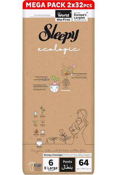 Sleepy Ecologic Pants Size 6 | 2x32 Count | Eco-Friendly | Hypoallergenic | Absorbent | All-Natural