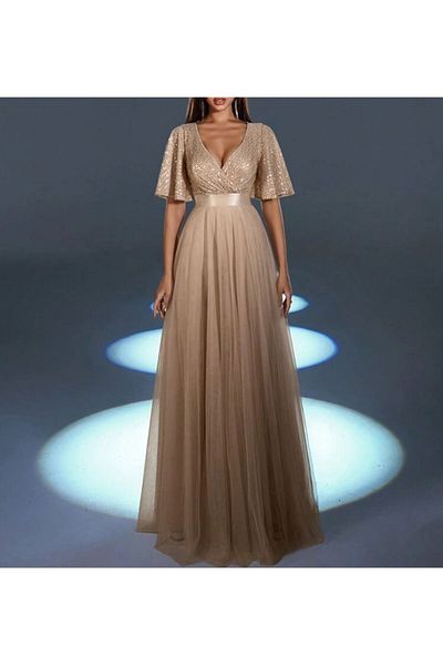 Styling Park V-Neck Chiffon Maxi Evening Dress - Sequin Detail, Short Sleeve