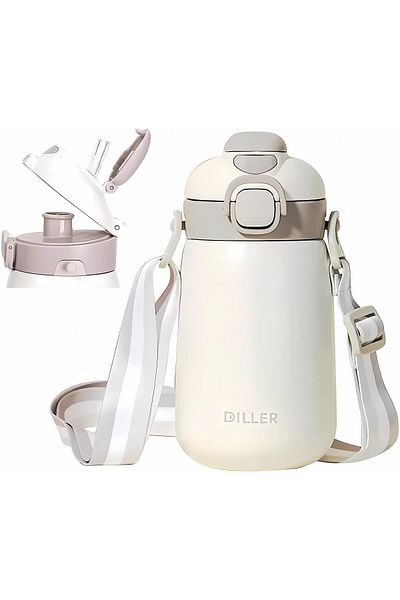 DILLER 420ml Steel Water Bottle with Strap - Single Lid, Dual Use, with/without Straw, 6 Hours Hot/Cold