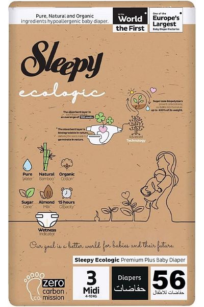 Sleepy Ecologic Size 3 | 56 Count | Plant-Based Diapers | Organic | 100% Leakproof