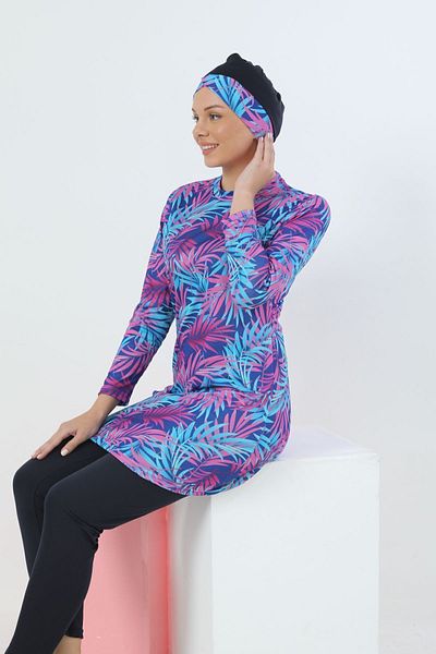 medipek Rosa-blauer Hijab-Badeanzug – Lycra und gemustert, vollständig bedeckt