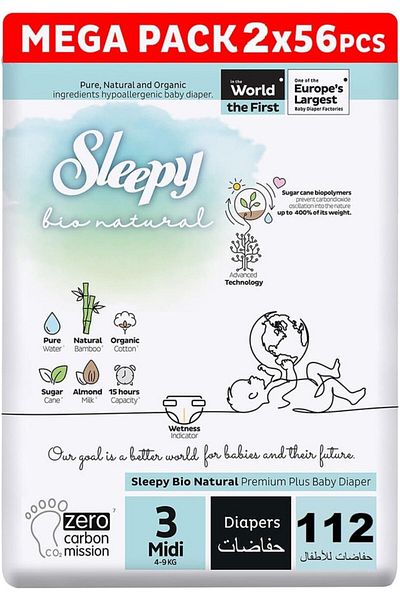 Sleepy Bio Natural Size 3 | 112 Count | 2X56 Diapers | Almond Milk | Vegan | 100% Leakproof