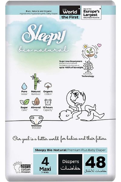 Sleepy Bio Natural Size 4 | 48 Count | 2-5Kg Diapers | Almond Milk | Vegan | 100% Leakproof