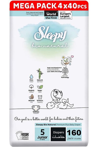 Sleepy Bio Natural Size 5 | 160 Count | 11-18Kg Diapers | Almond Milk | Vegan | 100% Leakproof