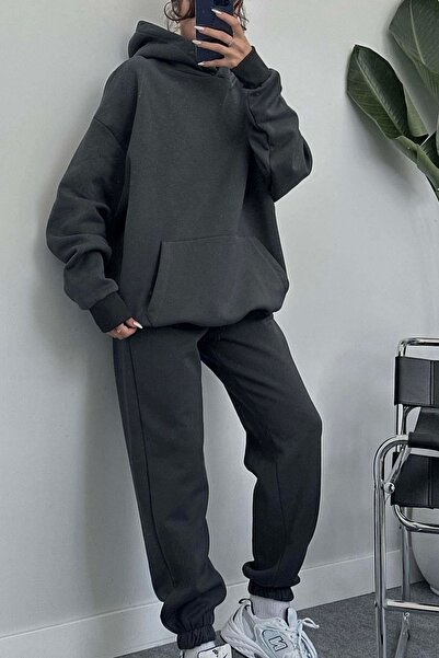 OKULCUBABA Kadın Baskısız 3 İplik İçi Pamuklu Bol Oversize Yeni Sezon Kullanışlı Eşofman Takımı