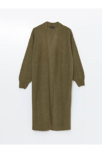 LC Waikiki LCW Modest Haki Şal Yaka Düz Uzun Kollu Oversize Kadın Triko Hırka