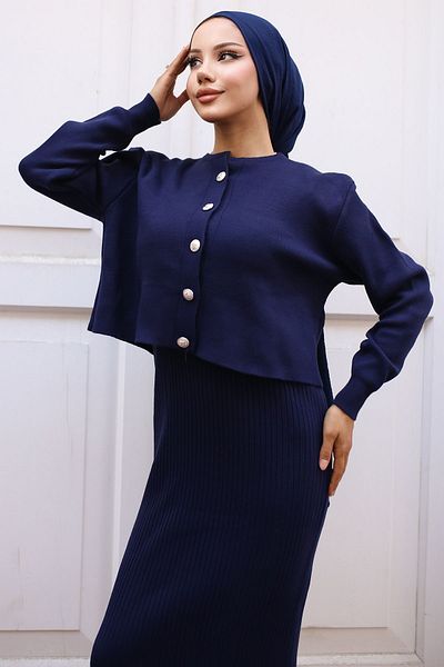 benguen Navy Blue 3064 Button Detailed Gilet Knitwear Set