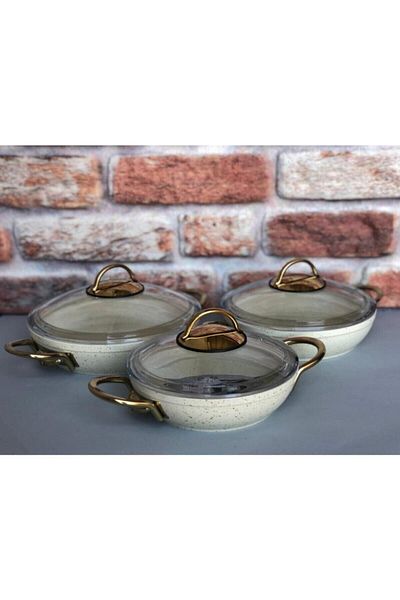 Özkent Cast Cream Gold Handle Granite Pan Set of 3