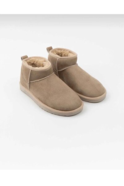 moun shoes Kadın Bej Süet Yarım Bot Içi Tüylü Kalın Taban Ayakkabı