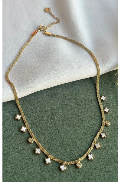 mos&more Çelik Gold Beyaz Yonca Kolye