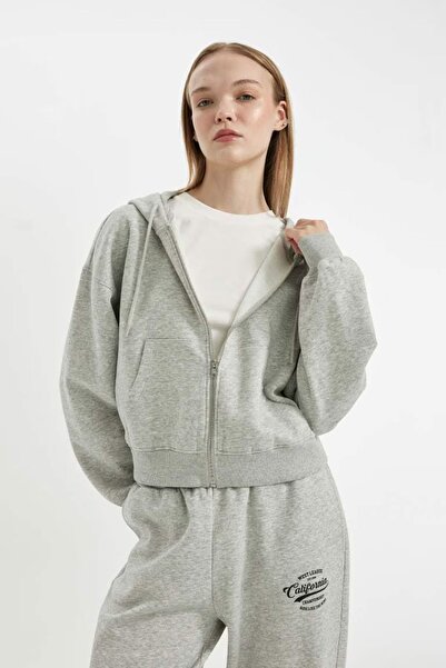 DeFacto Grey Melange Hooded Zippered Coool Sweatshirt - Standard Fit