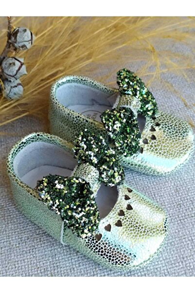 MİNİBİRİ حذاء الأميرة موديل أخضر للفتيات الصغيرات من الجلد بدون كعب حذاء أطفال