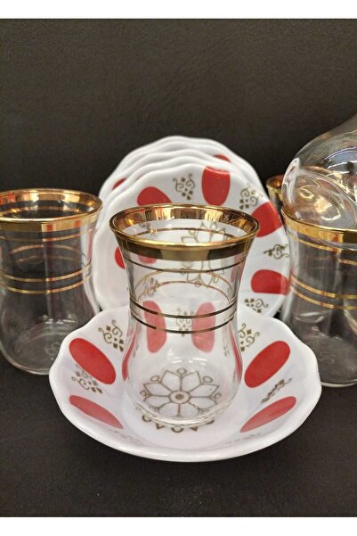 Paşabahçe ÇAY TAKIMI 12 PARÇA KLASİK KAHVECİ TİPİ ALTIN YALDIZ ÇAY SETİ