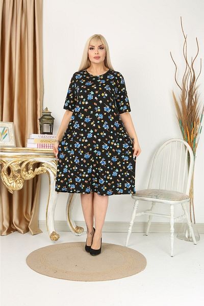 HÜLYA BUTİK Black Blue Floral Pattern Pocket Dress
