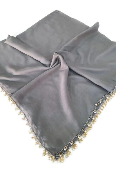 ALLURİNG Pearl Beaded Gold Hand Embroidered Scarf Writing 100x100cm