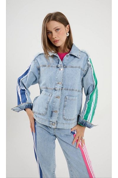 Calisa Jachetă de blugi și costum de blugi pentru femei cu detaliu de dungi colorate - Jogger din denim
