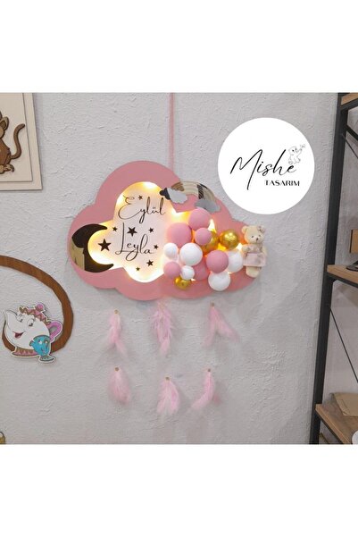 MİSHE TASARIM Mishe Tasarım Ahşap Yenidoğan Led Işıklı Bubble Kapı Süsü Bulutlu