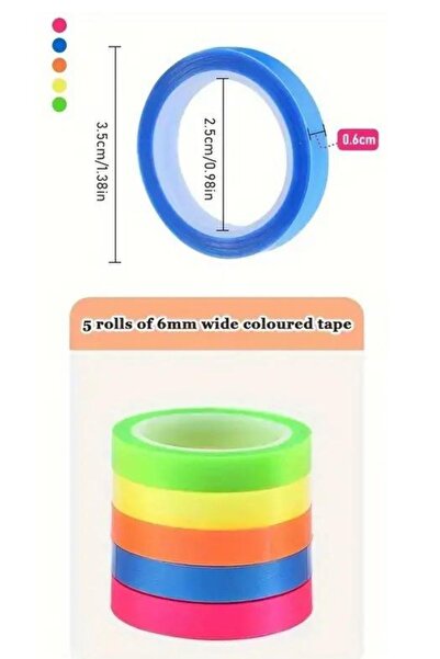 NaSaDAN 5'li Neon Renkler 25 Metre Yapışkanlı Şeffaf Postit Seti