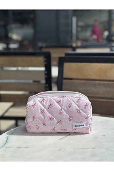 Batekso Toz Pembe Gül Desenli Kalem Çantası