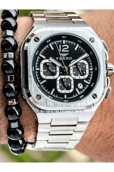 FERRO Men's Wristwatch - Silver Color, Steel Cord, Active Functions Rosary and Bracelet