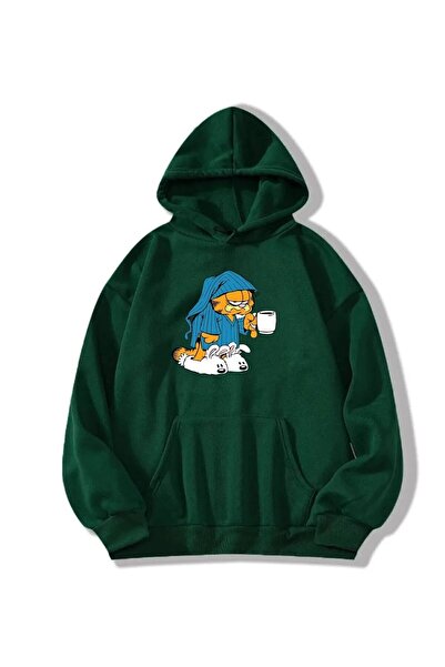 FECCY Unisex Kadın/Erkek Yeşil Dijital Garfield Baskılı Oversize Kapüşonlu Pamuklu Sweatshirt