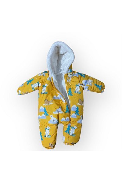 aydino kids Penguin and Teddy Bear Printed Hooded Cosmonaut Jumpsuit Coat with Fleece Inside